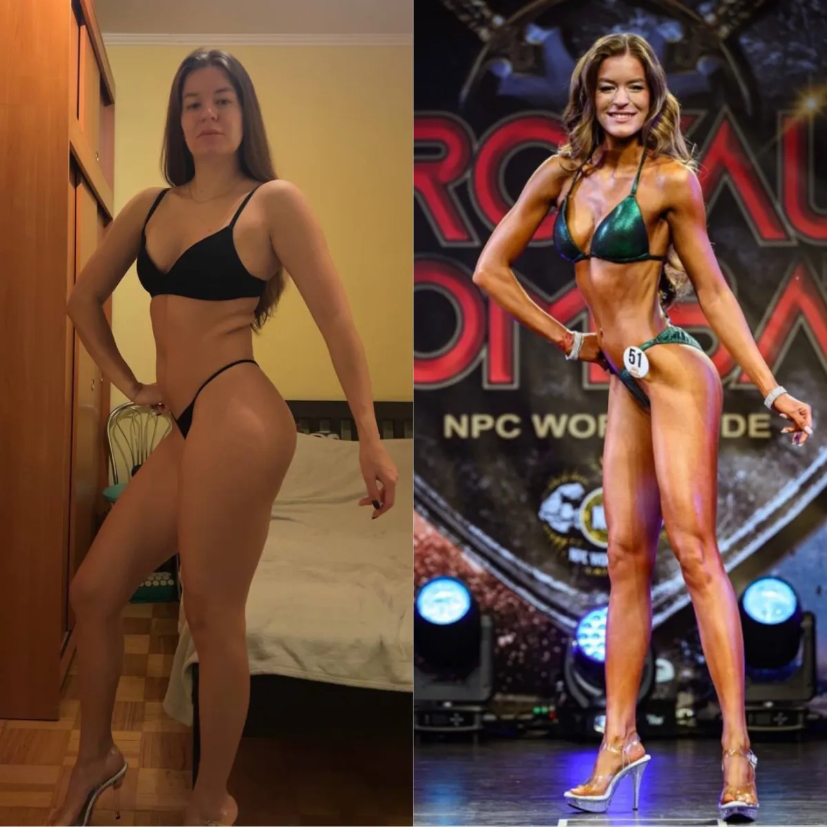 Bikini sportiste pirms sagatavošanās un uz skatuves